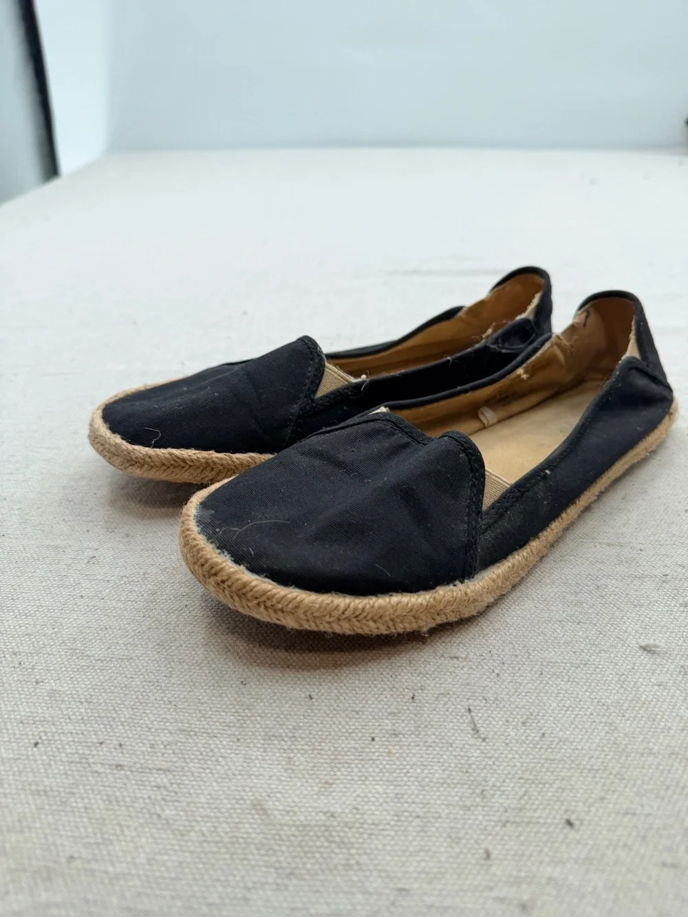 Bongo Black Canvas Espadrille Slip-On Flats with Jute Trim
